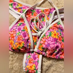 Floral Pink Multi Strappy Bikini Top with White Trim